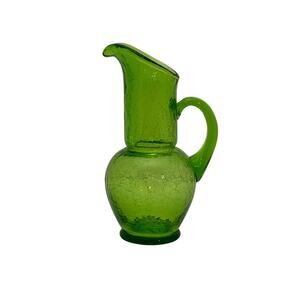 Uranium Crackle Glass Pitcher Vase Cruet Green Art Glass Vintage 6 in.